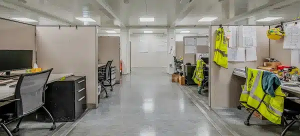 Office space with cubicles and safety jackets hanging on chairs, bright lighting and open layout